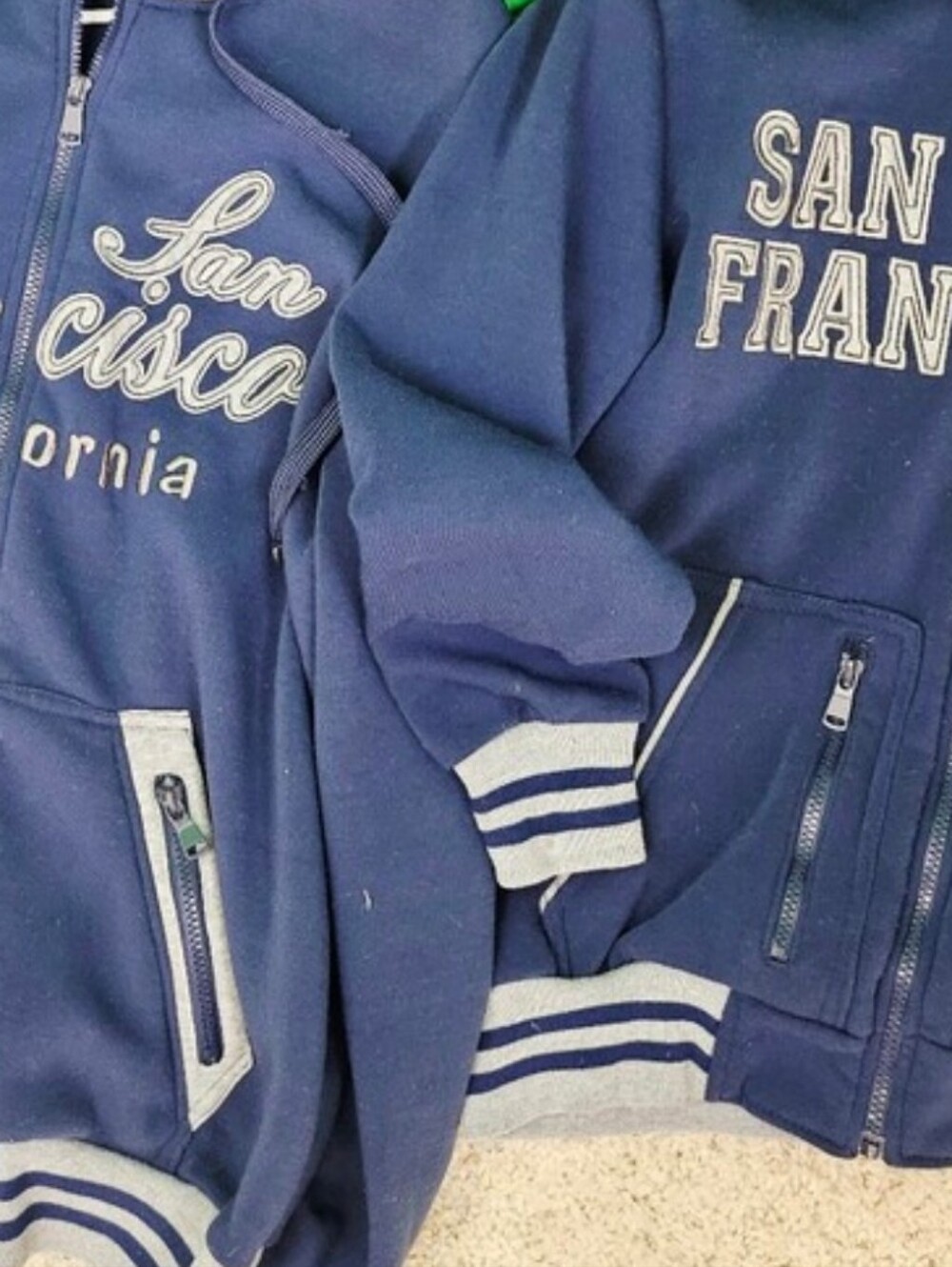 Zip-Up Couple's Jacket Source Unknown Navy Blue Sweater with Gray Trim